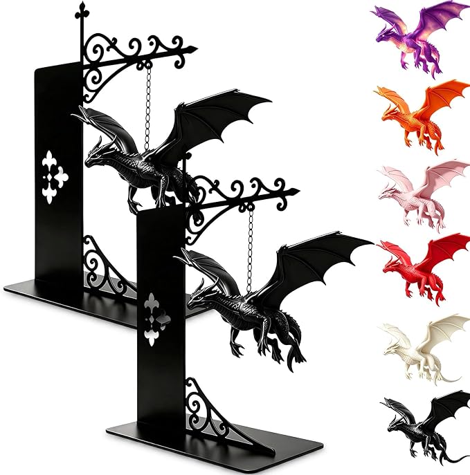 Magical Floating Dragon Bookshelf Lamp, Warm LED Dragon Night Light, Fantasy Gothic Bookend Decor, Reading Nook Ornament, Gift for Book Lovers & Fantasy Fans，Black+Black