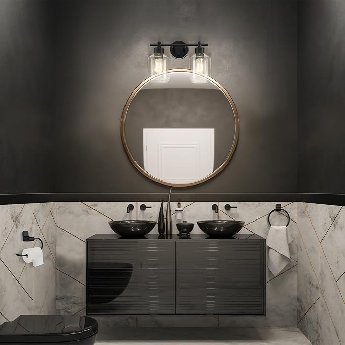 Globe Electric 3-Piece Powder Room Set, Matte Black, 2-Light Vanity with Clear Glass Shades and Matching Hardware, 51850