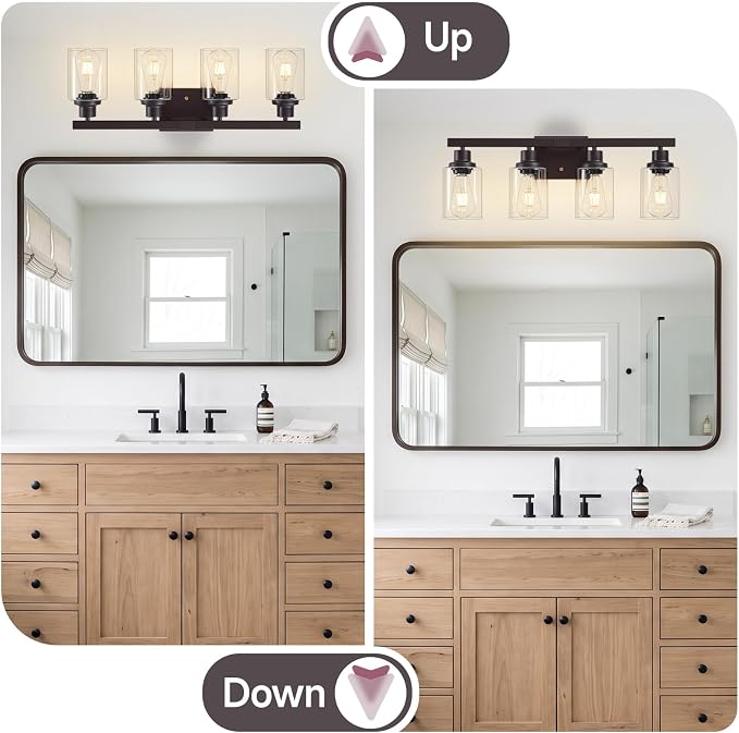 Oil Rubbed Bronze Vanity Lights for Bathroom,4-Light 24" | Bathroom Light Fixtures,Modern Bronze Bathroom Lighting over Mirror,Clear Glass Shades,over Sink