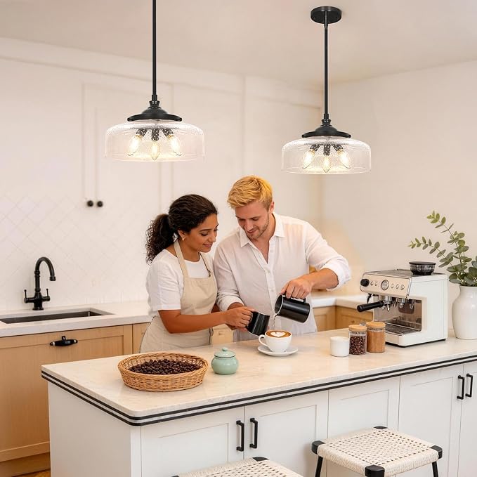 Black Vintage 3-Light Pendant Lights Kitchen Island, Adjustable Height Kitchen Island Lighting, Bathroom Pendant Light with Bubble Glass Shade- Dual Mount Ceiling & Hanging Fixtures with 90° Swivel