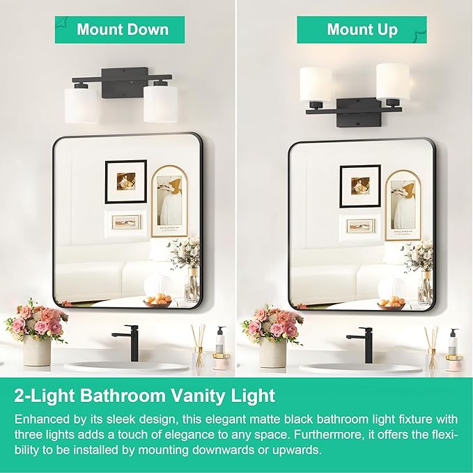 Honesorn Modern Vanity Lights - 2 Light Black Bathroom Light Fixtures with Frosted Shade, E26 Wall Mounted, Anti-Rust