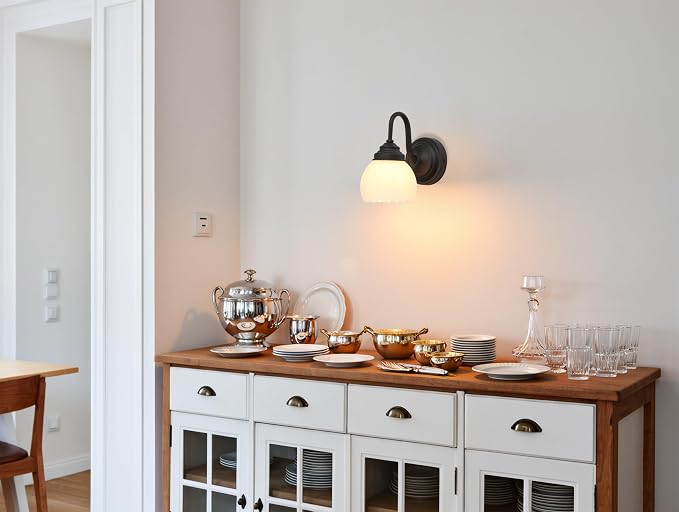 Phansthy Vintage Brass Boho Wall Sconces, Hardwired Wall Lights with Tulip Glass Lampshade, Brass Vanity Lamp Modern Wall Lighting Fixtures for Bedroom, Living Room, Hallway (Black + White Shade)