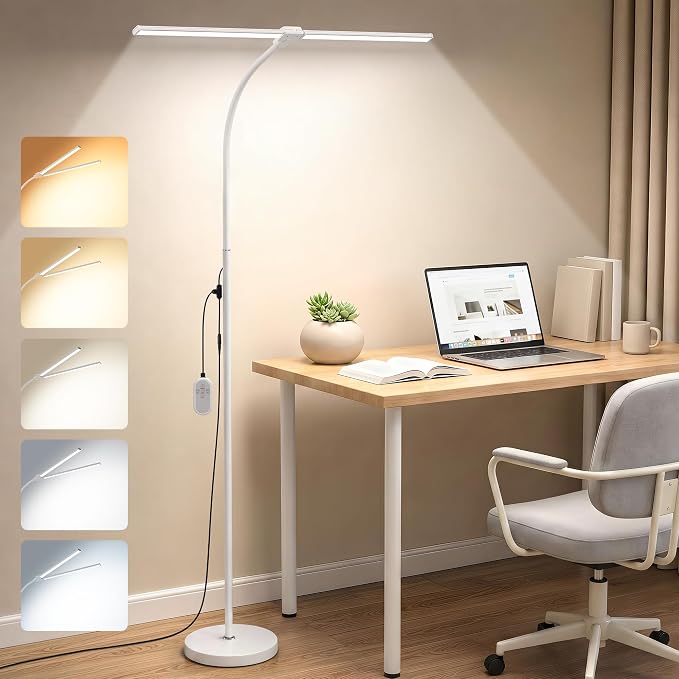 Dual-head LED Floor Lamp 20W 1400LM Adjustable Neck Bright Light White | Adjustable Brightness & Color Temperature, Modern Corner Tall Standing Lamp for Living Room Office Bedroom Reading