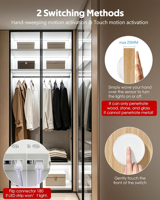 COB LED Shelf Lighting Cold White 12V Cabinet Light Plug in 16.4FT | 60W 7-in-1 Under Cabinet Lights，Touch Switch Dimmable，Flexible DIY Cuttable, 320LED/M LED Tape Light,for bookshelves pantry
