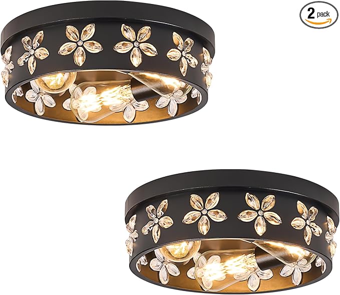 12.6 inch Black Flush Mount Ceiling Light Fixture, 2 Pack | 3-Light, Industrial, Farmhouse, Bedroom, Living Room, Kitchen, Hallway, Foyer