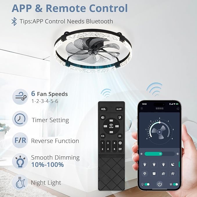 LEDIARY 24" Ceiling Fans with Lights and Remote, Fandelier Black | 3CCT, 6 Speeds, Dimmable Low Profile, Flush Mount Ceiling Fan, Timer, Reversible, Memory, Bedroom, Living Room, Kitchen
