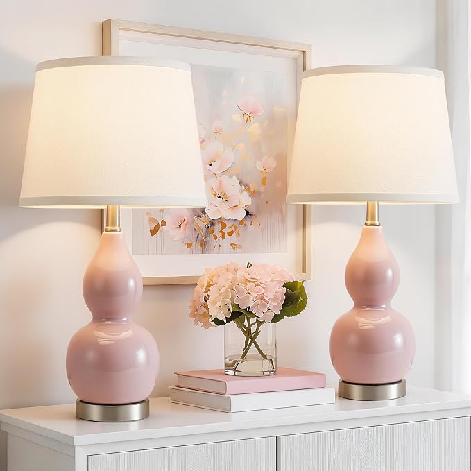 GyroVu 22" Table Lamp Set of 2, Color Temperature Adjustable Double Gourd Ceramic Lamps Classic Nightstand Table Lamps for Bedroom Beside Lamps for Living Room, Pink-Bulbs Included