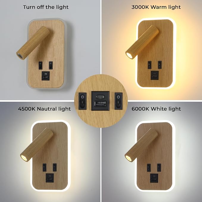 Wall Mounted Reading Lights with Wall Sconce Plug in&Hardwired | Wall Lights for Bedroom with USB C+A Ports, Bedside Lamp with 9W Night Light, Wood Color Reading Light Adjustable 350°Angle
