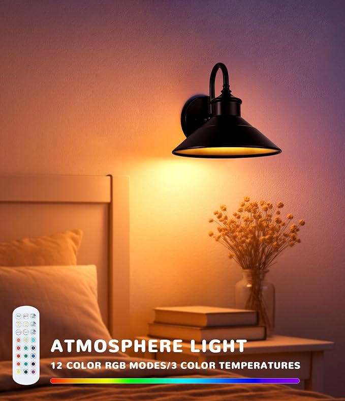 Rechargeable Battery Operated Wall Sconce Set of 2 – RGB Wireless LED Wall Sconces with 15 Colors & Dimmable Brightness, Remote Control & Bulbs Included – Wall Sconce Lighting for Bedroom, Farmhouse,
