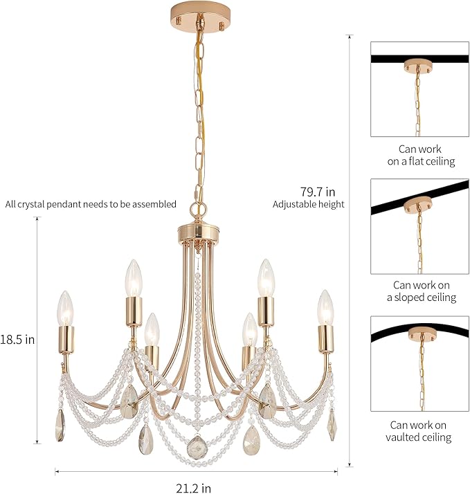 Crystal Chandelier with Pale Amber Gold Crystal, Modern Crystal Candle Hanging Pendant Lighting, French Country Gold Crystal Chandelier for Ceiling Medallions,Wedding,Dining,Kitchen,Foyer,Bedroom