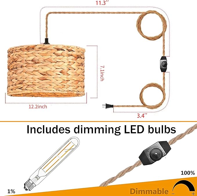 Rattan Plug in Pendant Light Boho Hanging Lights with Plug in Cord & Dimmable Switch,Indoor Hanging Lamp Plug in Wicker Woven Lampshade for Living Room Bedroom Dinning Island