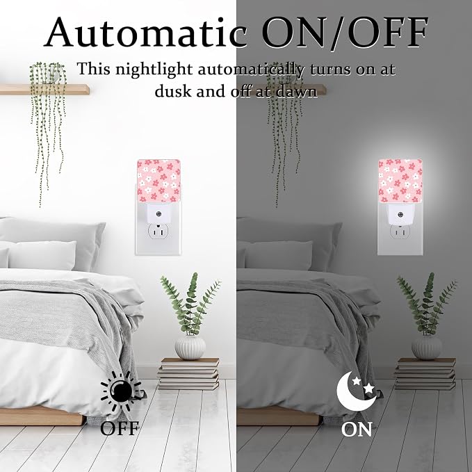 White Pink Flower Night Light, Plug-into Wall Boho Flower Floral Nightlight Lamp with Dusk to Dawn Sensor, Led Lamp 0.5W Energy Efficient for Boys Girls Adults Home Decor