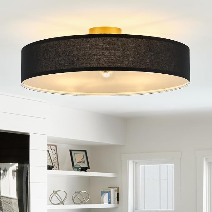 VILUXY Black and Gold Semi Flush Mount Ceiling Light Fixture, 24’’ Large Modern Ceiling Light with Linen Fabric Shade 5-Light Drum Ceiling Lamp for Bedroom Living Dining Room Enteyway