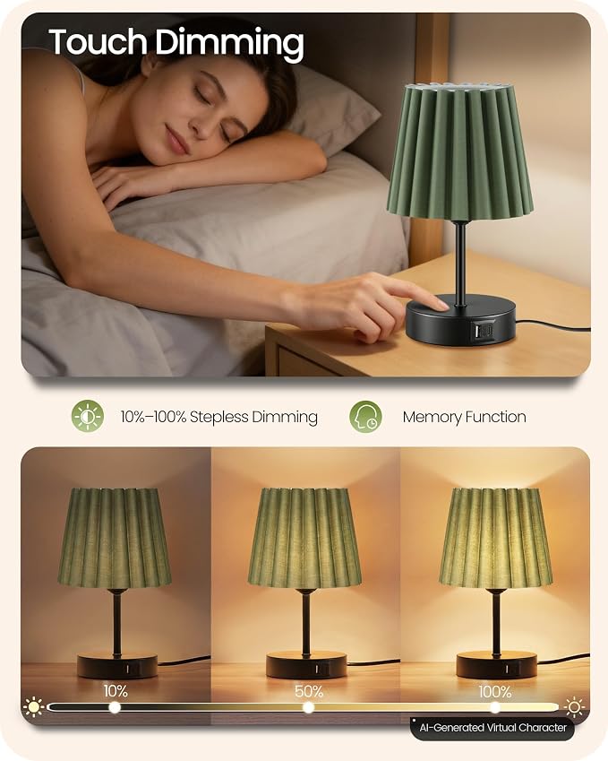 Small Bedside Table Lamp, Touch Dimmable Table Lamp with USB Ports, Nightstand Lamp with a Stepless Dimming LED Bulb, E26 Base, for Bedroom, Study, Desk, Black and Green J16TL05