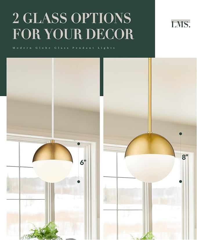 Modern Pendant Lighting Gold Globe Pendant Light Fixture, Mid Century Chandelier One Light Hanging Fixture for Kitchen Island, Adjustable Indoor Lighting for Dinning Room Bedroom, LMS-187