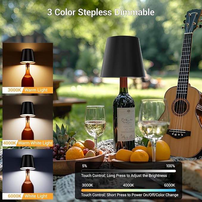 2 Pack Wireless Bottle Lamp 3 Color and Stepless Dimming LED Wine Bottle Lamp Shade with Stopper, Rechargeable Touch Wine Bottle Lights for Liquor Bottle Bars Restaurants-Black