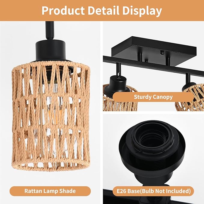 4 Light E26 Track Lighting Fixtures Ceiling Rattan Farmhouse Boho Ceiling Track Lighting, Directional Rotatable Modern Track Ceiling Light Fixtures for Kitchen Bedroom Hallway Porch Foyer