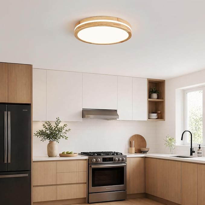 Pevfah Modern Dimmable LED Wood Flush Mount Ceiling Light, 5CCT Round Close to Ceiling Lighting Fixtures, Minimalist Ceiling Lamp for Bedroom, Kitchen, Hallway, Laundry Room-15.74in