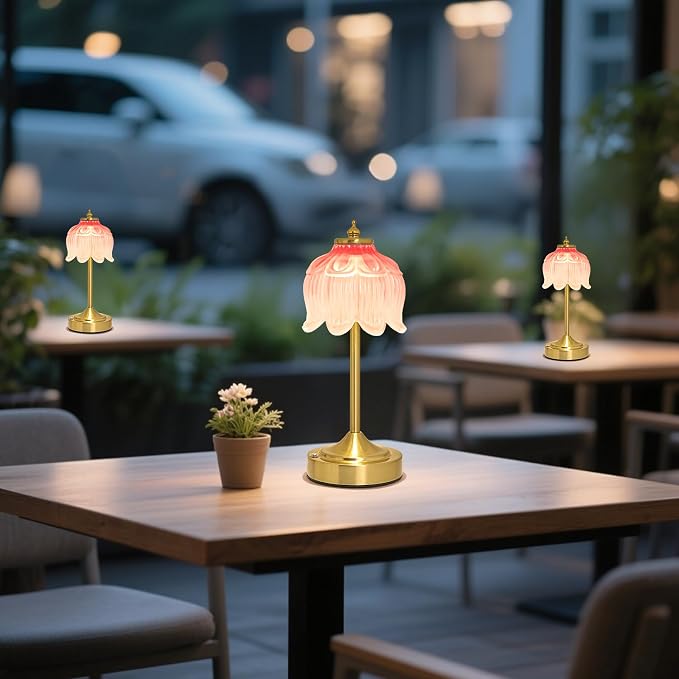 Cordless Table Lamp, Rechargeable Blush Pink Glass Lotus Flower Lamp | 5200mAh touch lamp with 3 color modes and stepless dimming, battery operated lamp for nightstands and kitchen counters