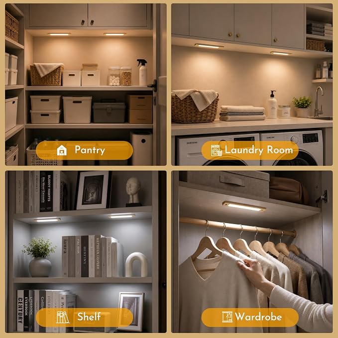 V4light Motion Sensor Cabinet Light, Rechargeable, Dimmable, 4Pcs, 9in | Gold aluminum, magnetic wireless, 1800mAh, 3 color temps & dimmable, ideal for kitchen, closet, shelf & stair