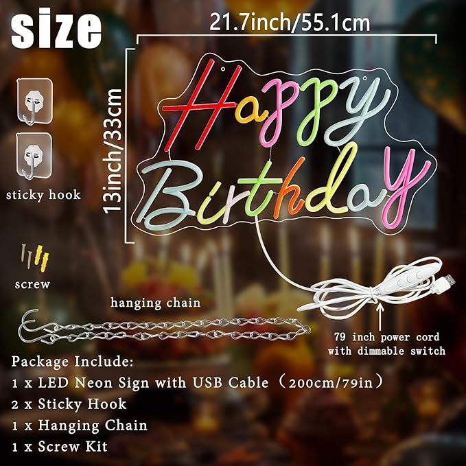 Happy Birthday Neon Sign, 21.7 x 13 Inch Neon Signs Large Size, Colorful Happy Birthday Neon Light, Big Birthday Neon Lights for Bedroom Bar Cafe Party Any Ages Bday Celebration Decoration