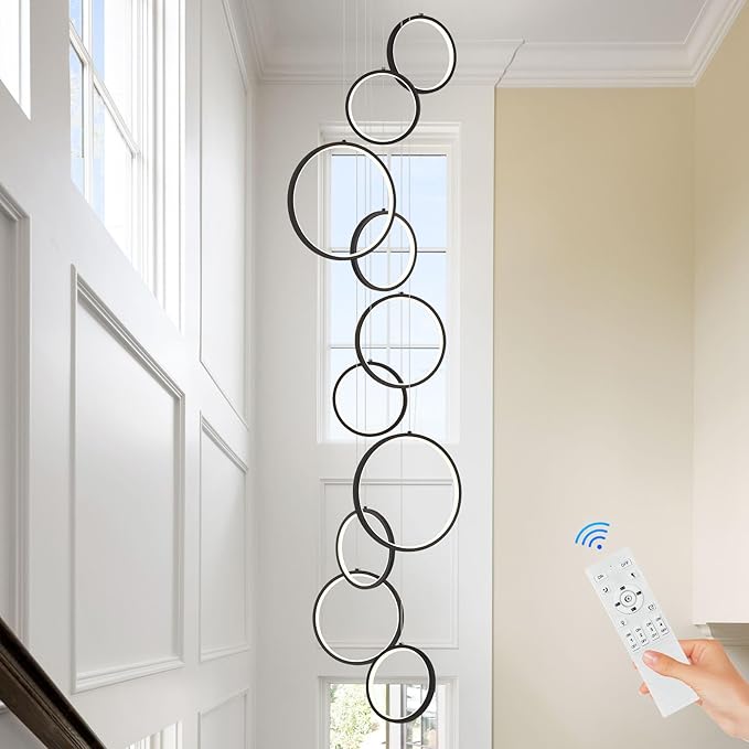 10 Rings Modern LED Chandelier for High Ceiling Dimmable Black Contemporary Pendant Light Fixture Long Foyer Chandelier for Entryway Staircase Dining Room Living Room, 3000-6500K