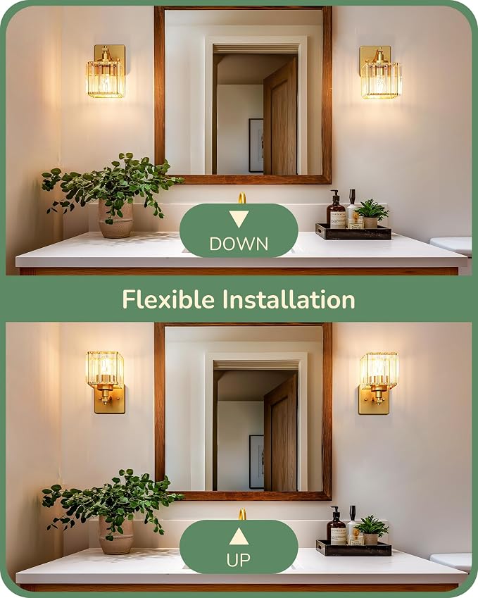 EDISHINE Modern Gold Crystal Wall Sconces Set of 2, Bathroom Vanity Lights | Hardwired, 1-Light, Standard E26 Base, Up Down Mounting, Bath Lamp for Living Room, Bedroom, Powder Room, Gold