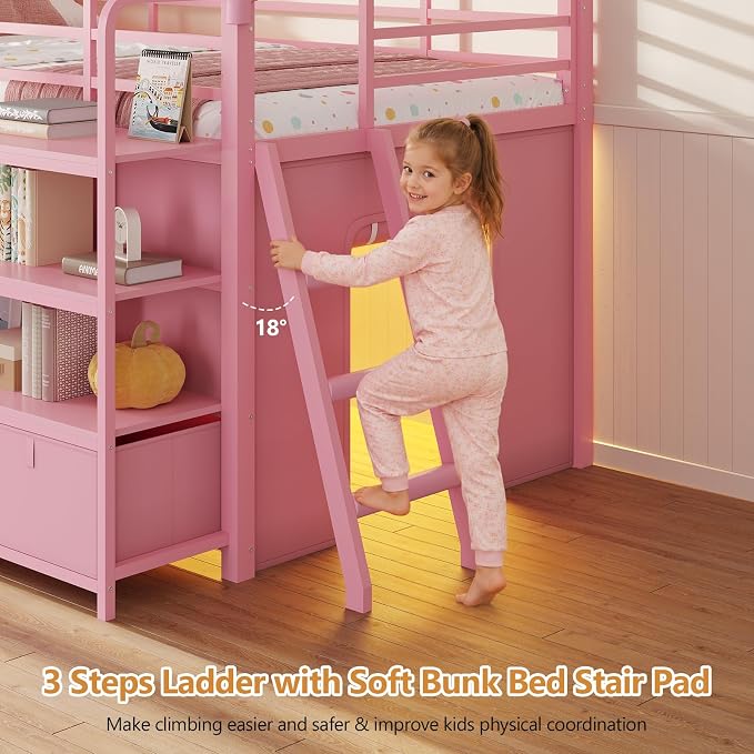 DICTAC Low Loft Bed with Desk and 6 Storage Drawers Twin Loft Bed with Bookshelf,LED Lights & Under-Bed Play Space,Twin Beds for Girls with 13.8''H Safety Guardrail,Inclined Ladder & Play Curtain,Pink