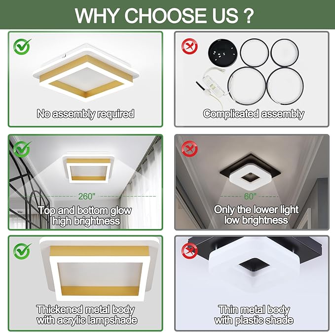 CANEOE 3 Packs Square Flush Mount Ceiling Light, 6000K Black Modern LED Ceiling Light Fixture, Minimalist Hallway Lighting Fixture Ceiling Lamp for Hallway Entryway Bedroom Balcony (Gold)