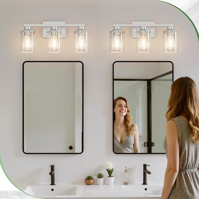 17 Inch 3-Light Chrome Bathroom Vanity Light Over Mirror | Modern Vanity Mirror Light, Brushed Chrome Vanity Light with Clear Glass Shade, Wall Mount Lighting for Bedroom Living Room