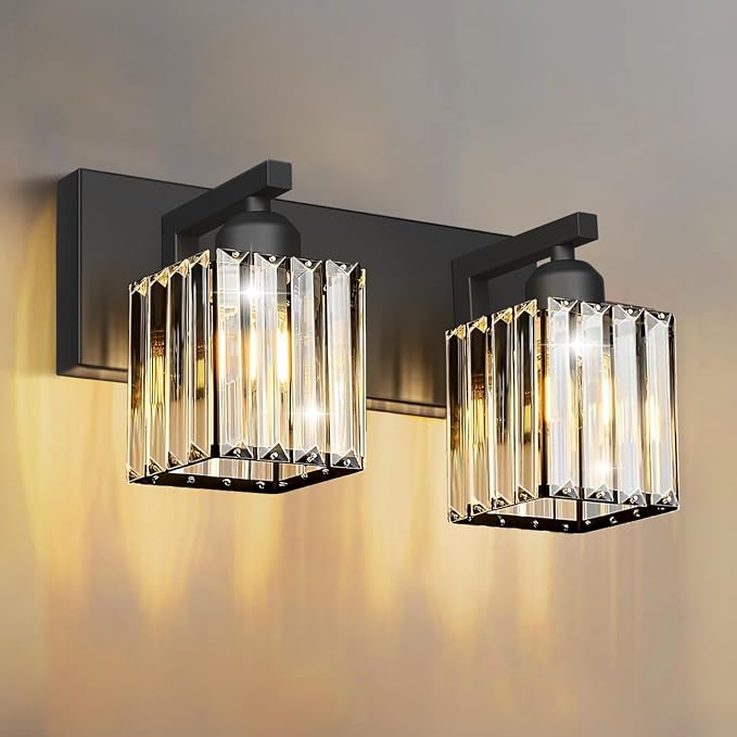 Black Crystal Bathroom Vanity Light, 2-Light Modern Bathroom Lighting Fixtures Over Mirror, Matte Black Wall Sconce with Square Shade