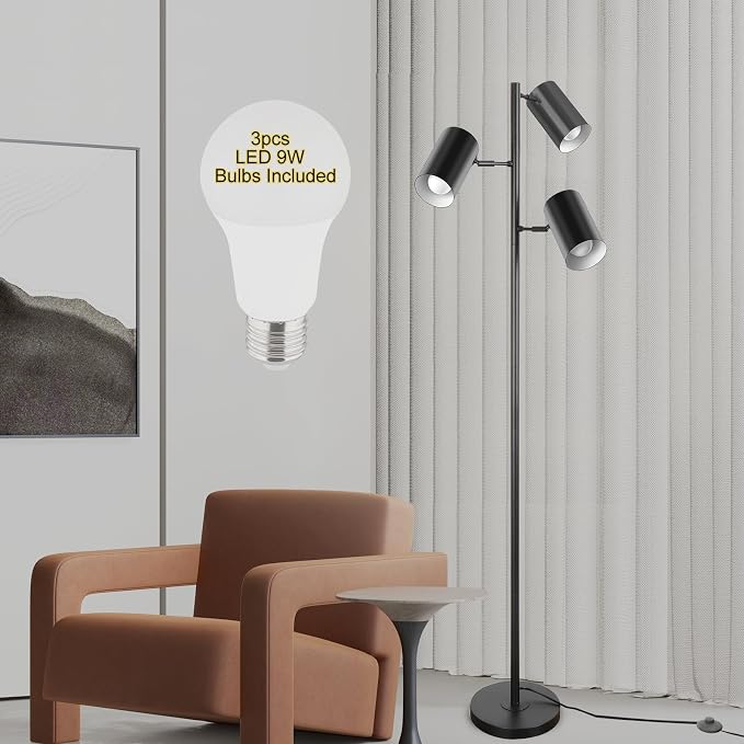 Tree Floor Lamp with 3 Light Bulbs,Black Standing Tall Pole Lamp with 3 Adjustable Rotating Lights,Farmhouse Floor Lamp for Living Room Bedroom Office,Vintage Standing Lamp 9W E26 LED Bulbs Included.