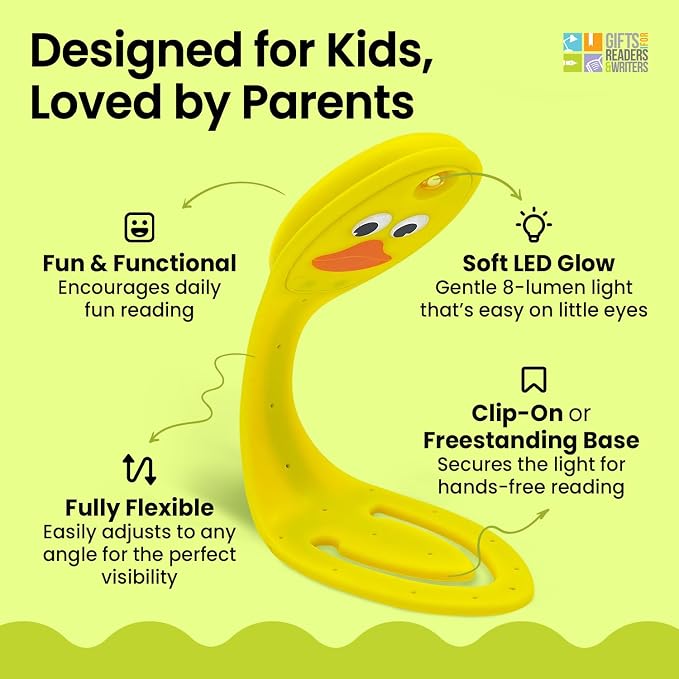 Gifts for Readers & Writers Book Light, Clip On Reading Light for Bed, 2in1 Flexilight & Bookmark, Small & Lightweight with a Soft Glow, 2 Batteries Included, Duck