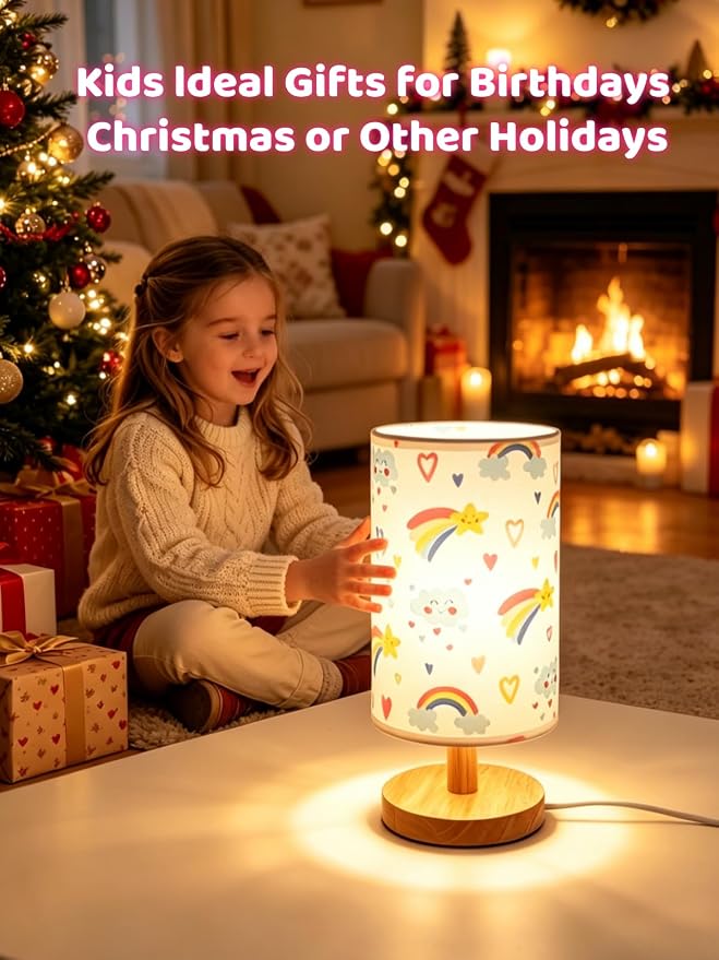 Rainbow Lamp for Girls Bedroom Bedside Table Lamps 3 Color Modes Kids Nightstand Night Light Lamp, Flaxen Fabric Shade Reading Desk Lamp for Nursery Living Room Office Rainbow Decor Gifts for Girls