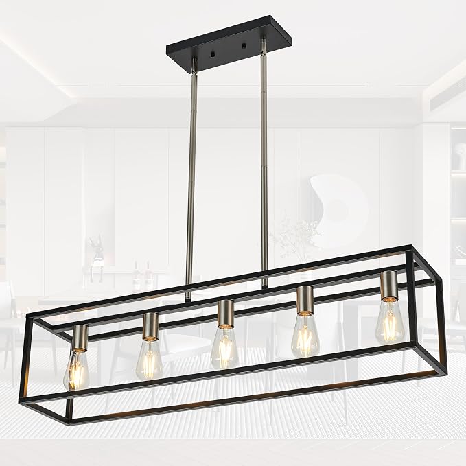 Black&Brushed Nickel Kitchen Island Lighting, Modern Linear Cage Retangular Chandelier, 5 Lights Industrial Metal Hanging Light Fixture for Farmhouse Kitchen Dining Room Bar Foyer