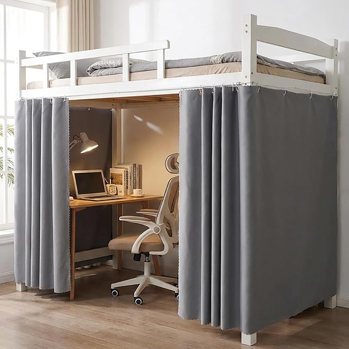 Dorm Blackout Privacy Bottom Bunk Bed Curtains - 2 Panels 78.7"x45.3", No Drill Installation for Twin Loft Beds, Light Blocking Under Bed Canopy with Hanging Hooks & Ropes