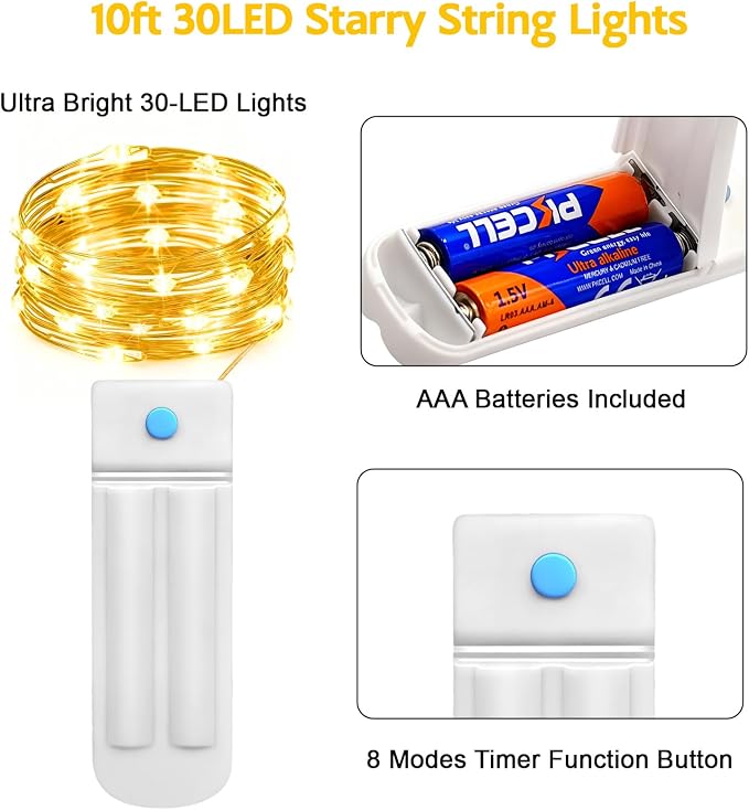 YJFWAL 12 Pack 10ft 30LED Starry String Lights with 8 Modes Timer Function Waterproof Fairy Lights Battery Operated(AAA Batteries Included) for DIY, Wedding, Party, Patio, Garden Decor (Warm White)