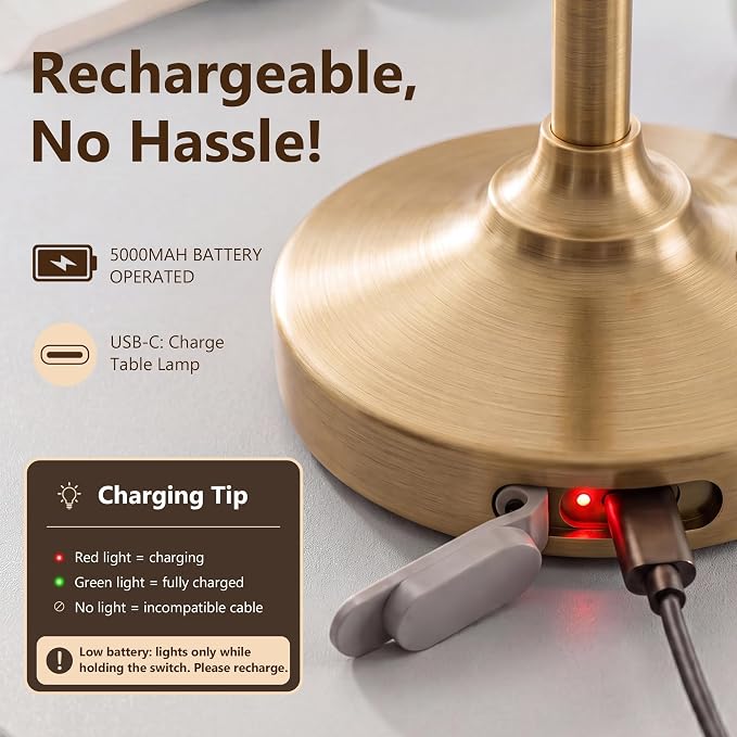 Table Lamp Cordless Lamp,5000mAh Rechargeble Battery Operated Lamp | Small Bedside Desk Lamp 11.02" with Glass Shade 3-Way Dimmable Portable LED Table Light,for Outdoor,Dinner,Patio(Gold)