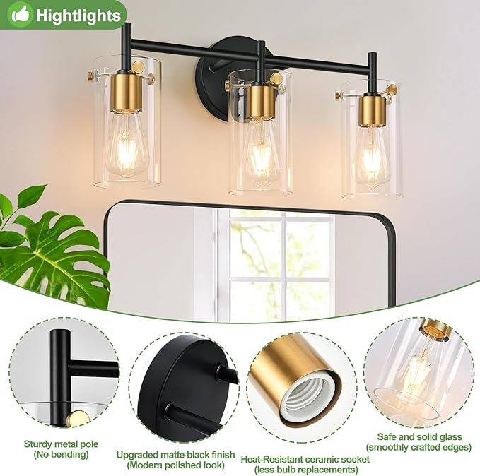 Bathroom Light Fixtures, 3-Light Black and Gold Vanity Light, Black Bathroom Lights Over Mirror with Clear Glass Shade for Mirror Bedroom Living Room