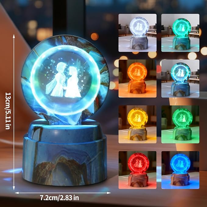 Cute Cartoon lamp,2.36 inch Rotatable 3D Crystal Ball Anime Night Light with 7 Colors Change,Color Box,Children's Room Decoration Holiday Gifts，Birthday Christmas Gifts (Frozen)