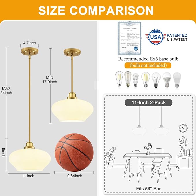 Modern Pendant Lights Kitchen Island, Brushed Gold Pendant Light Fixtures with 11" Milk Glass Shade, Industrial Hanging Pendant Lights Fixture for Kitchen Island Dining Room Bedroom Hallway Entryway
