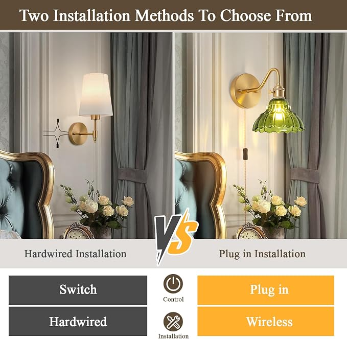 Plug-in Wall Sconce (Set of 2), Vintage Wall Decorative Lamp with Green Glass Shade, Indoor Brass Plug-in Wall Sconce for Bedroom, Living Room, Bathroom, Hallway