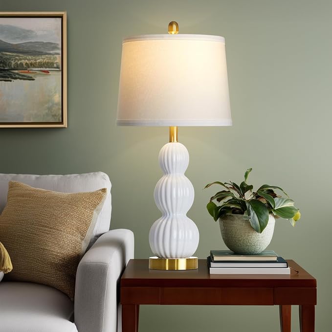 28" White Ceramic Table Lamp for Nightstand, Modern Bedside Table Lamp for Bedroom, Triple Gourd Lamp for Living Room End Table (1 Pack)