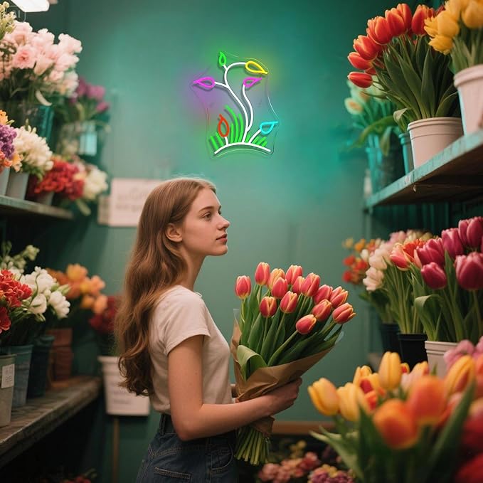 Flower Grasslands Neon Signs Tulips LED Neon Light for Wall Decor Flowers Shaped Light up Sign for Bedroom, Christmas Gift, Shop, Teen Room, lorists,Dormitory