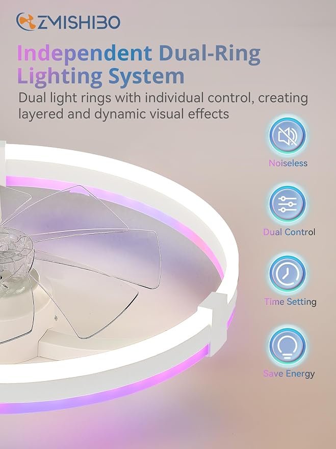 ZMISHIBO 23" RGB Low Profile Ceiling Fans with Lights and Remote, White | Custom RGB+3CCT Dimmable, 6 Speeds, Remote/App Control, Reversible DC Motor, Memory, Timer, Modern Fandelier for Kids/Bedroom