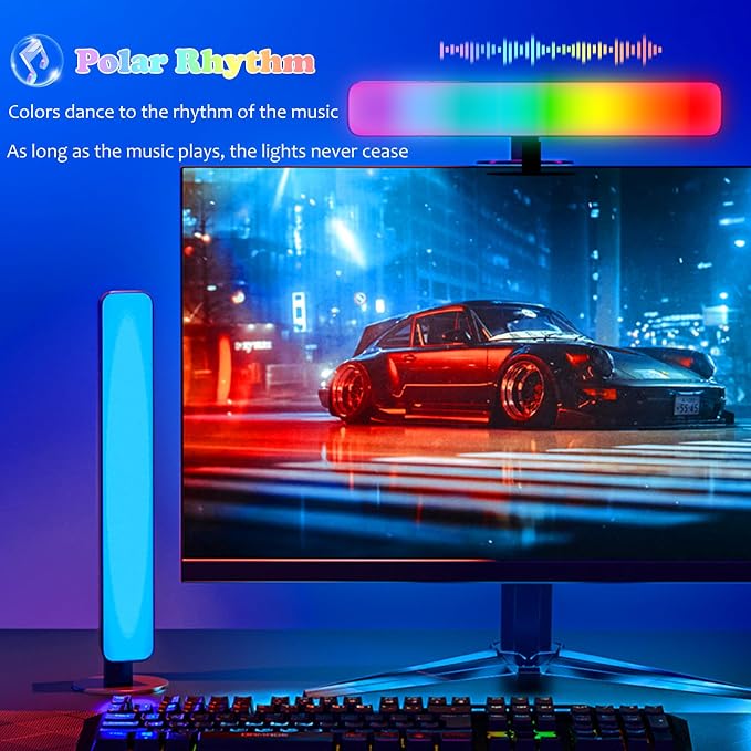 Smart RGB LED Light Bars for Gaming Desk, PC Monitor, TV – 10 Inch, Music Sync, Remote Control, 15 Modes, USB Powered, Horizontal & Stereoscopic Placement for Room Decor & Mood Lighting