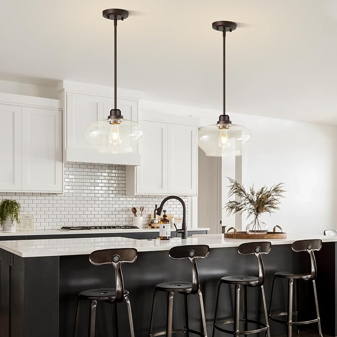 Modern Pendant Lights Kitchen Island,Oil Rubbed Bronze Pendant Light Fixtures with 11" Clear Glass Shade,Industrial Hanging Pendant Lights Fixture for Kitchen Island Dining Room Bedroom Foyer Entryway