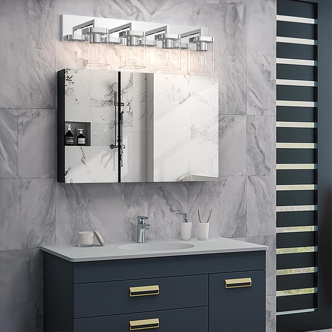 Chrome Bathroom Vanity Light, Square Design 4 Lights Morden Vanity Lighting Fixtures Over Mirror, Bathroom Vanity Light Fixtures for Living Room/Bedroom