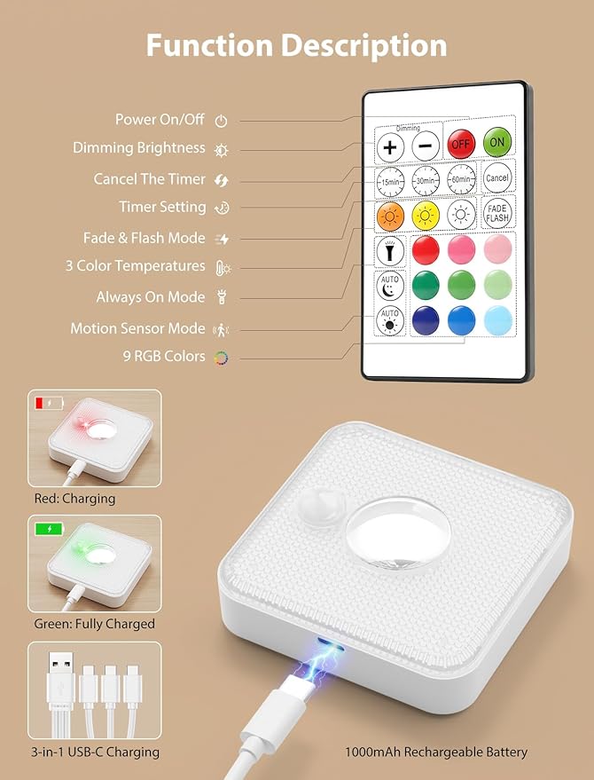 GBEAST 3 Pack Under Cabinet Lighting, Rechargeable Motion Sensor Puck Lights with Remote Control, 3 Color Temps & 9 RGB Colors, Magnetic Stick on Dimmable LED Closet Light for Kitchen Shelf Bedroom