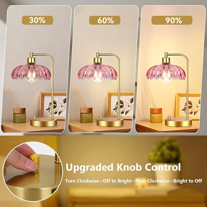 ILLMTW Pink Table Lamp Set of 2,Small Gold Bedside Lamps Dimmable Boho Bedroom Lamp with Tulip Flower Glass Lamp Shade,Vintage Mid Century Modern Mini Nightstand Lamp for Bedroom Living Room